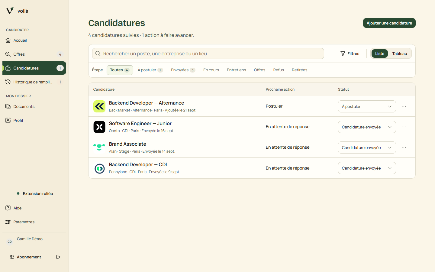 Le dashboard Voilà, onglet Candidatures : Back Market à postuler, Qonto, Alan et Pennylane envoyées, avec le statut et la prochaine action.